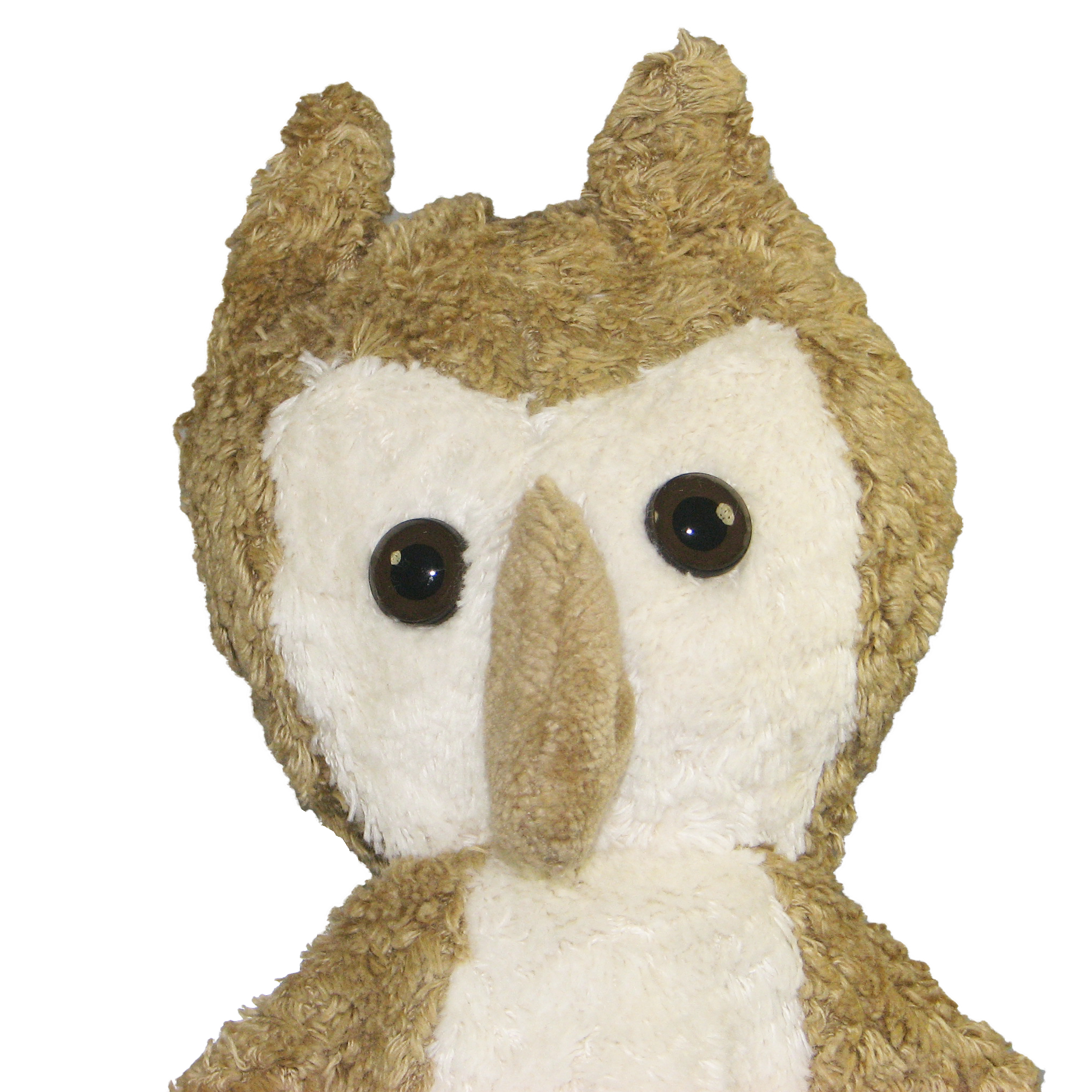 Kallisto hand puppet owl beige, close-up of the face with a cream facial disc and dark eyes