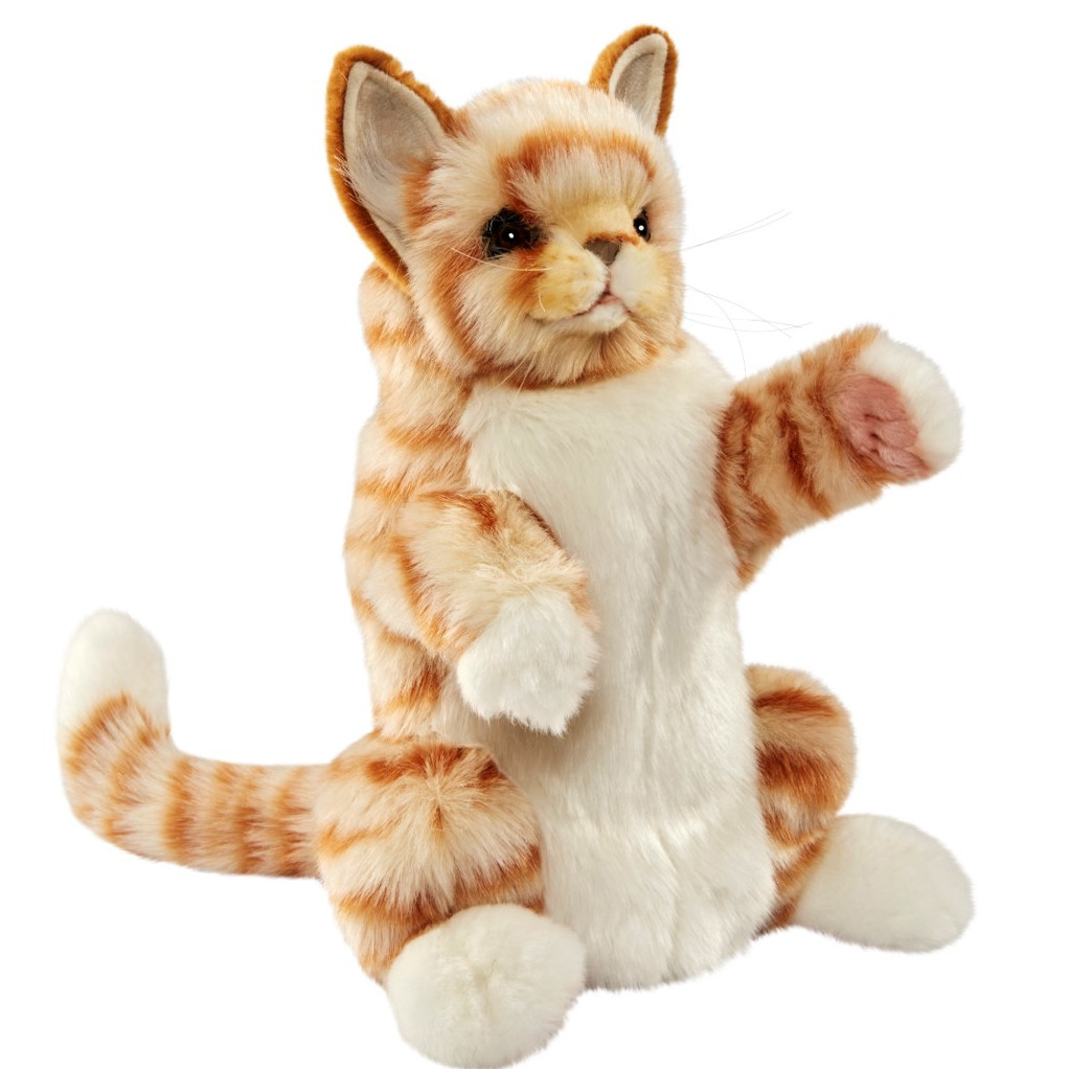 Rote-Katze-Handpuppe von Hansa Creation mit rot-weiß getigertem Fell und weißer Brust