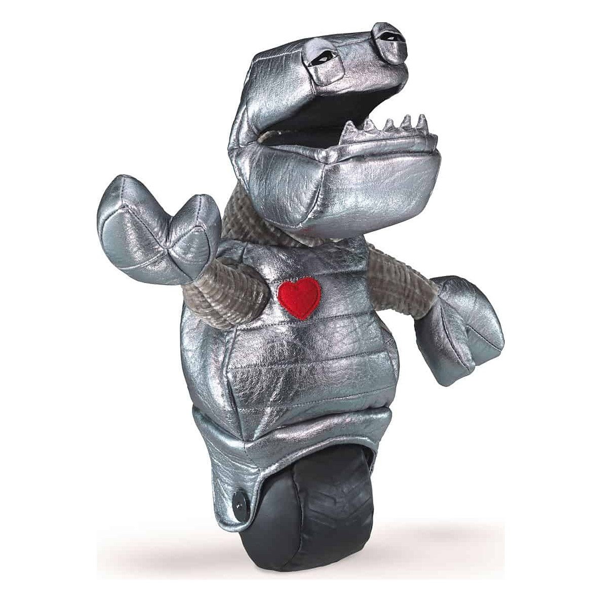 Folkmanis Handpuppe Roboter in Silber mit geöffnetem Krokodilmaul, rotem Herz auf der Brust und schwarzem Rad unten