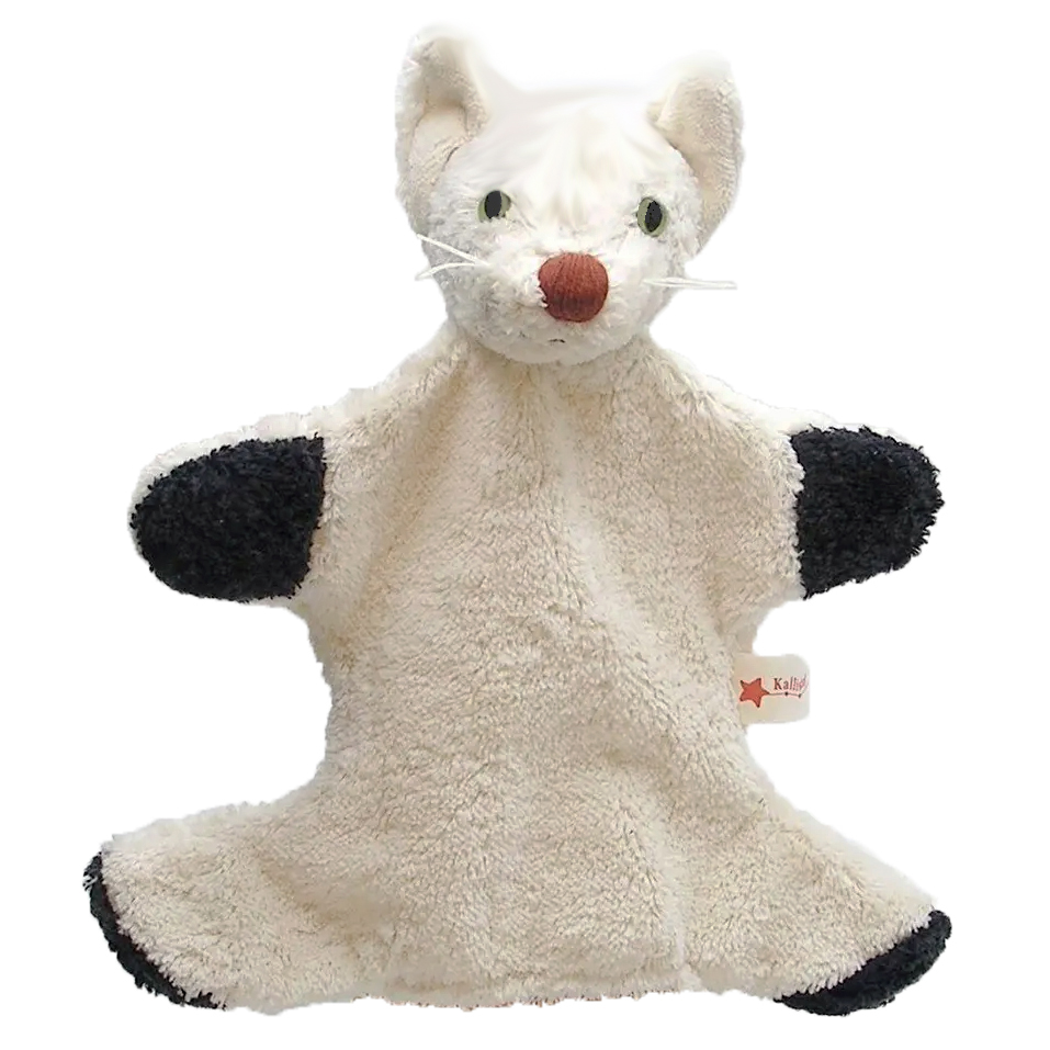 Kallisto hand puppet cat white, cream-white natural-material puppet with black paws and a pink nose