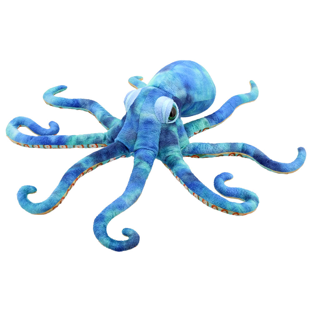 The Puppet Company octopus hand puppet, blue octopus with eight curled tentacles and large eyes, top view