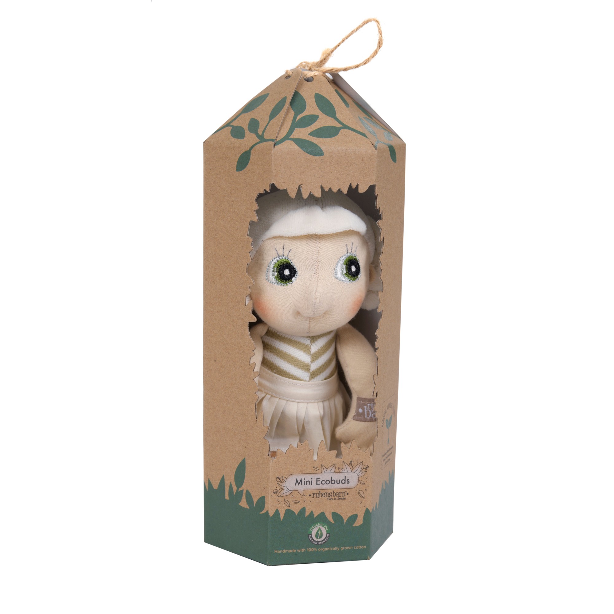 Rubens EcoBuds mini doll Lily in the natural cardboard packaging