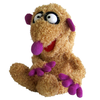 Heunec plush figure meerkat Jan, beige plush character with a purple face and purple paws, seated