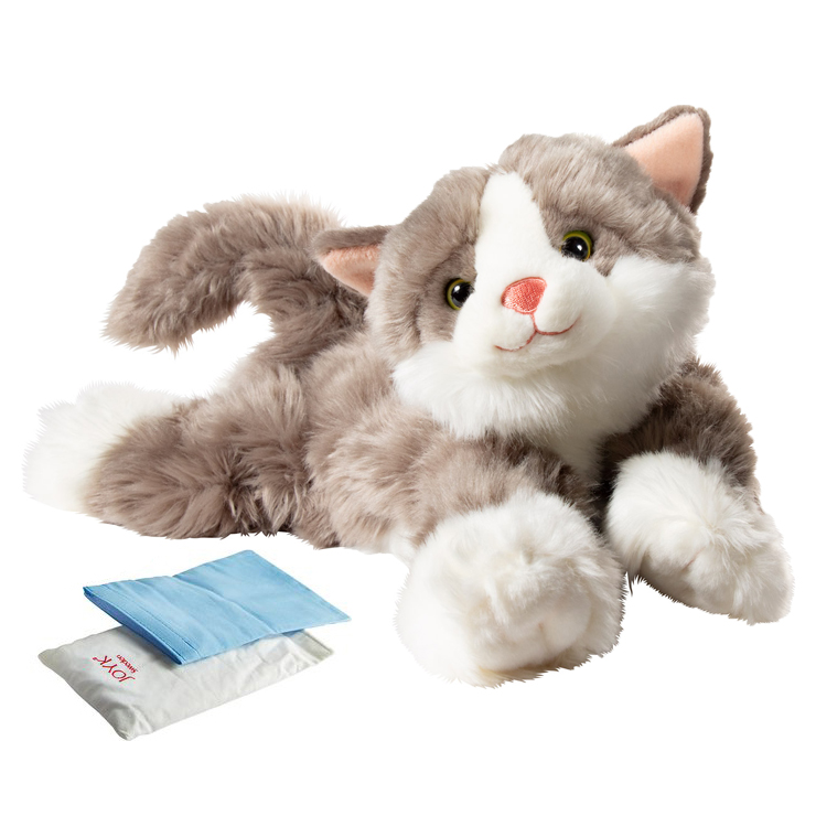 Joyk empathy doll Billy: grey-white cat lying down, with accompanying cushion