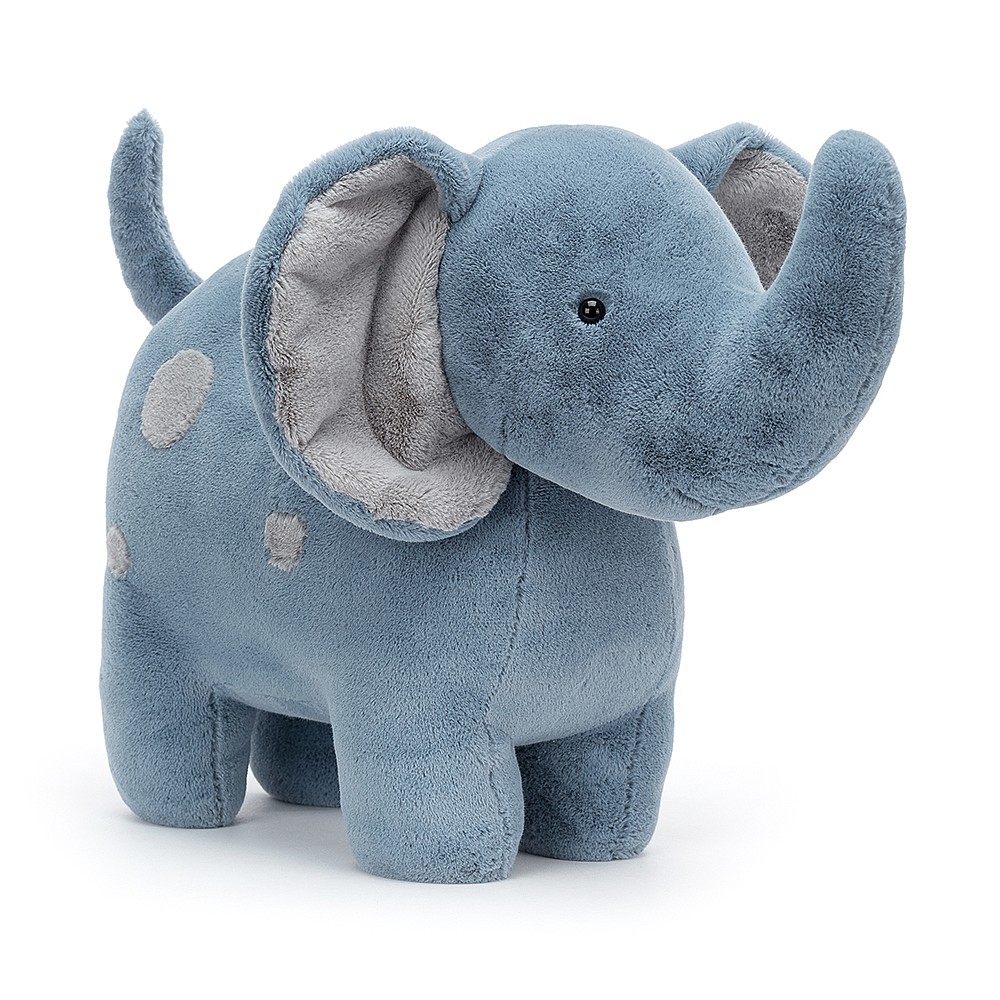 Jellycat plush toy elephant Spottie Big, blue plush toy with grey spots, big ears and a raised trunk, front view