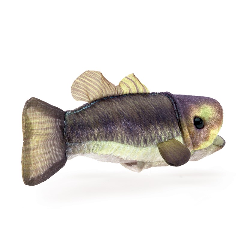 Folkmanis mini largemouth bass finger puppet in lifelike green-brown colouring with open mouth, side view