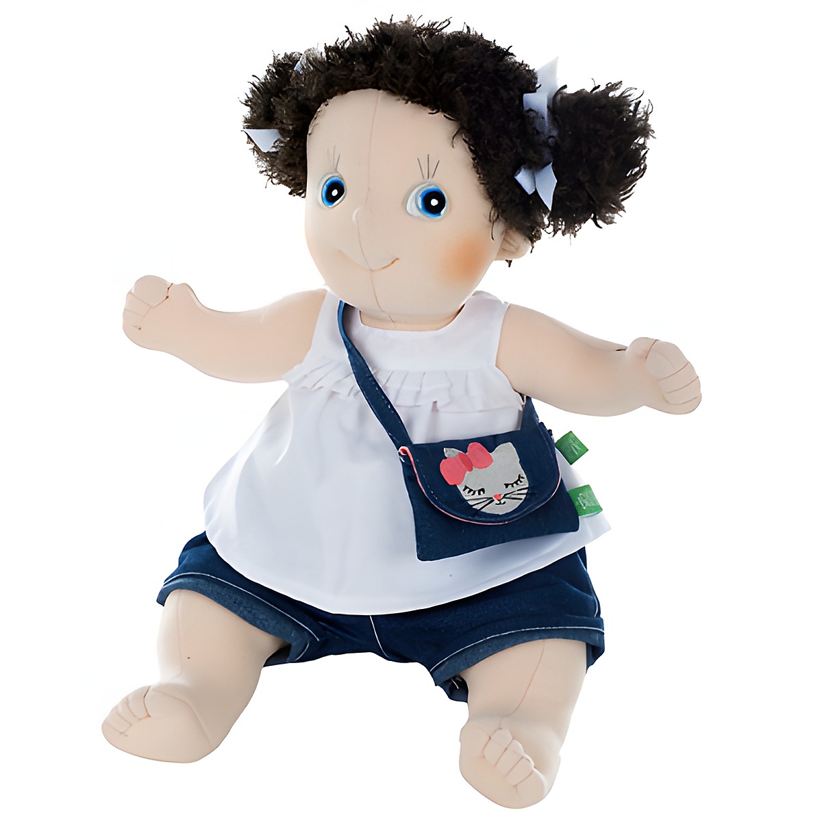 Rubens doll with white ruffled top and short denim trousers
