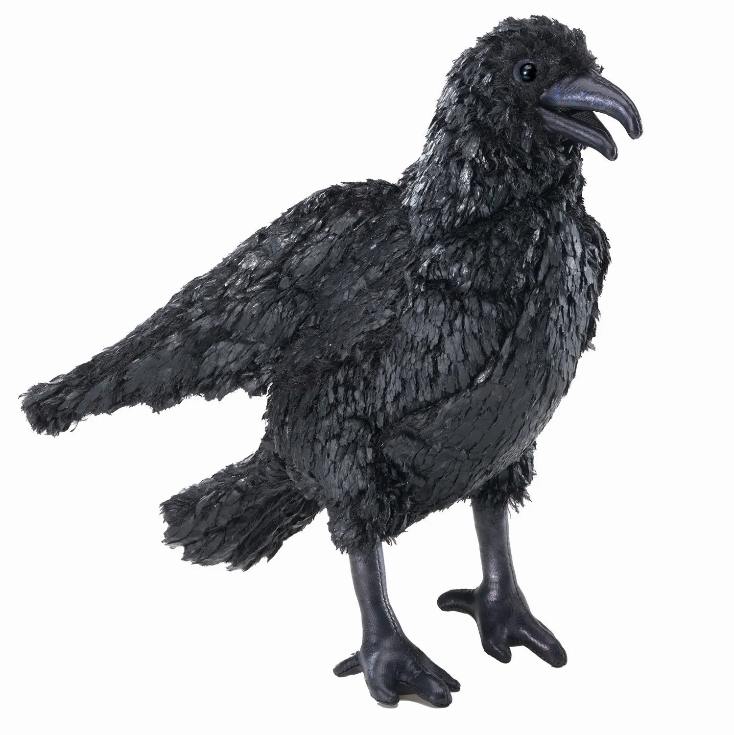Folkmanis Handpuppe Krähe in Schwarz, stehend mit geöffnetem Schnabel, detailliertes Gefieder aus strukturiertem Plüsch, Seitenansicht