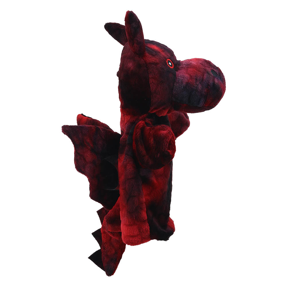 The Puppet Company baby hand puppet red dragon, red-black dragon with a wing, side view from the other side