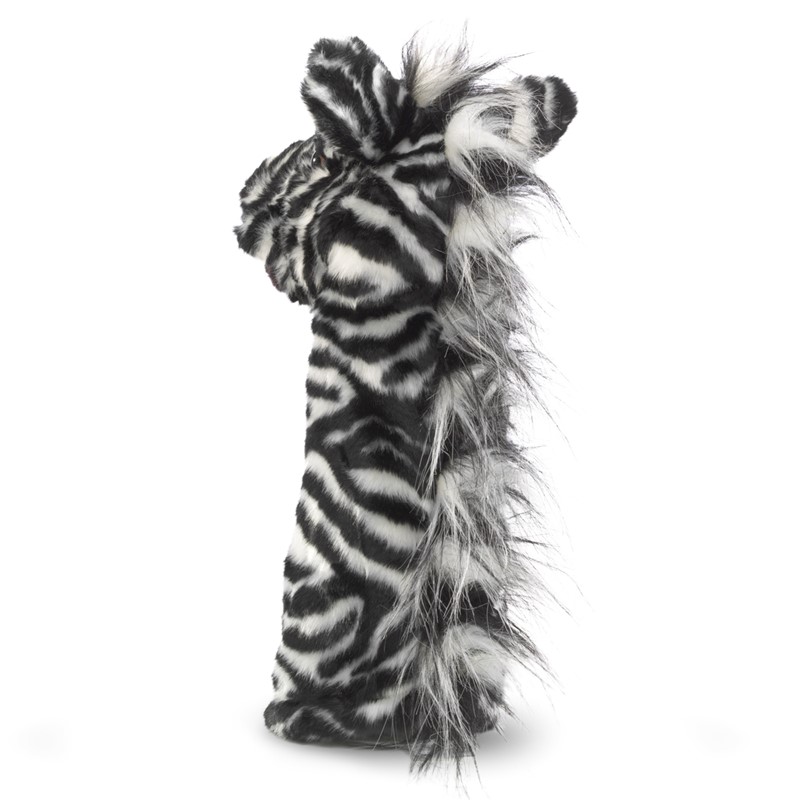 Folkmanis zebra hand puppet shown from the side with a black-and-white stripe pattern and shaggy mane