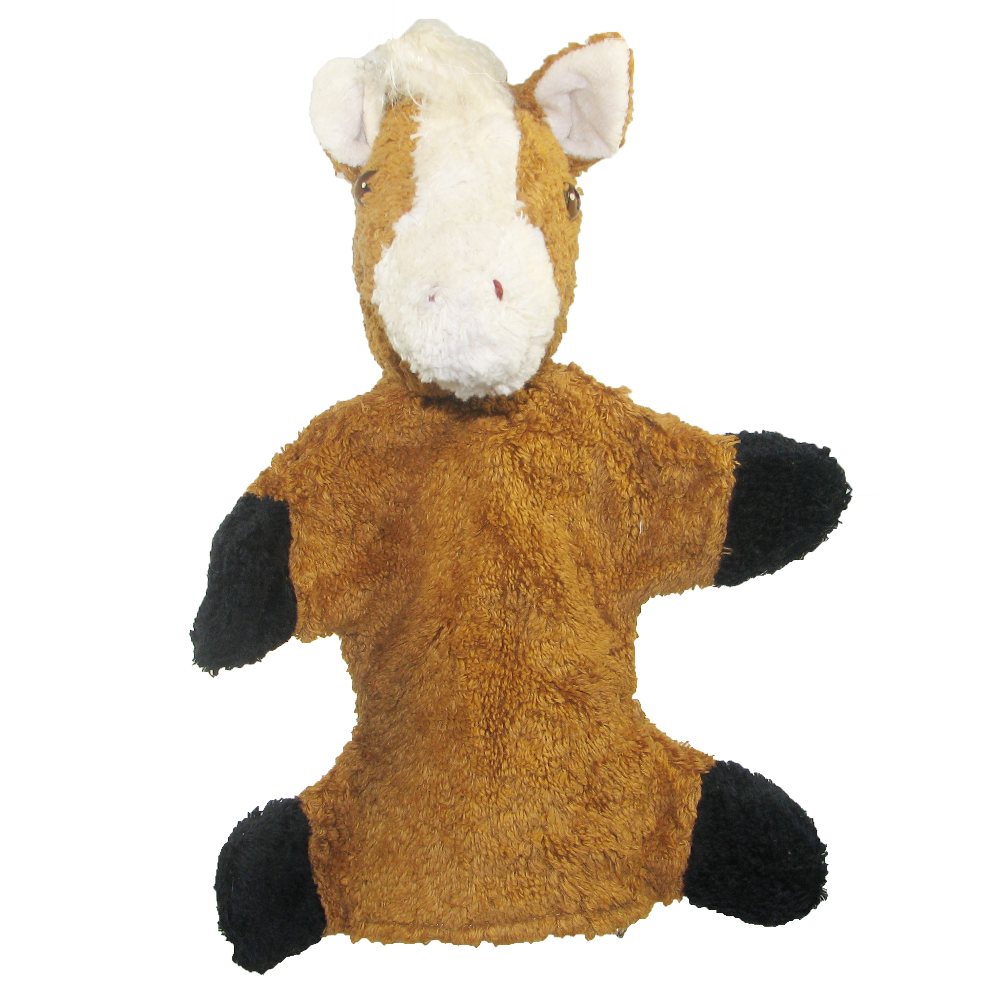 Kallisto hand puppet horse front view, brown natural-material puppet with black paws and a cream mane