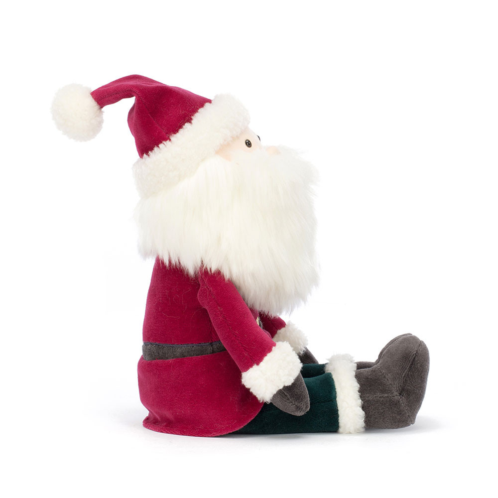Jellycat Santa Claus Jolly Santa, sitting plush figure with a white beard and grey boots, side view