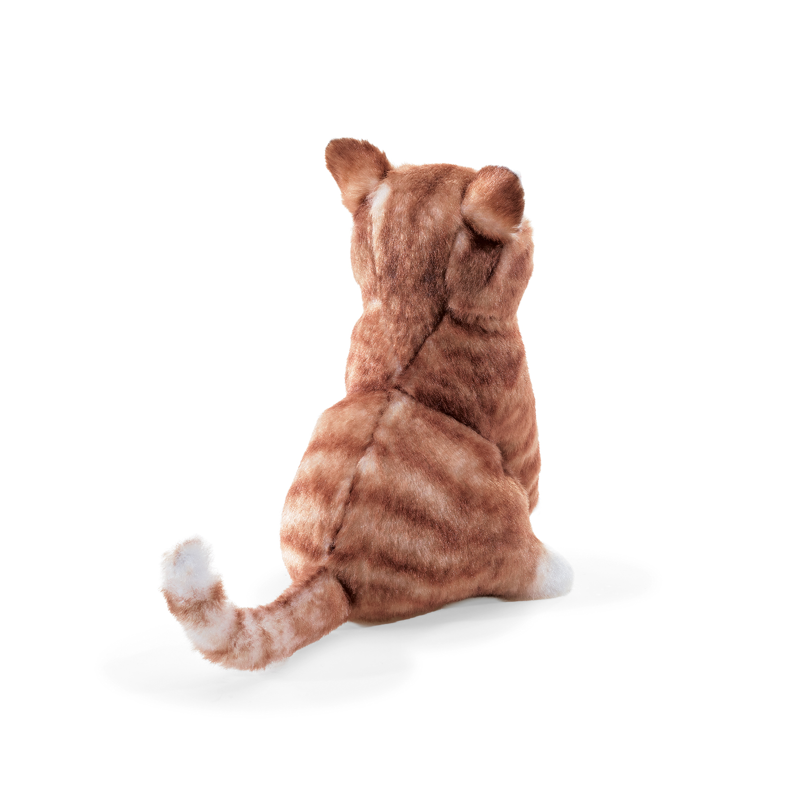 Folkmanis Fingerpuppe mini Kätzchen orange, gestreiftes Plüsch-Kätzchen von hinten sitzend mit weißer Schwanzspitze