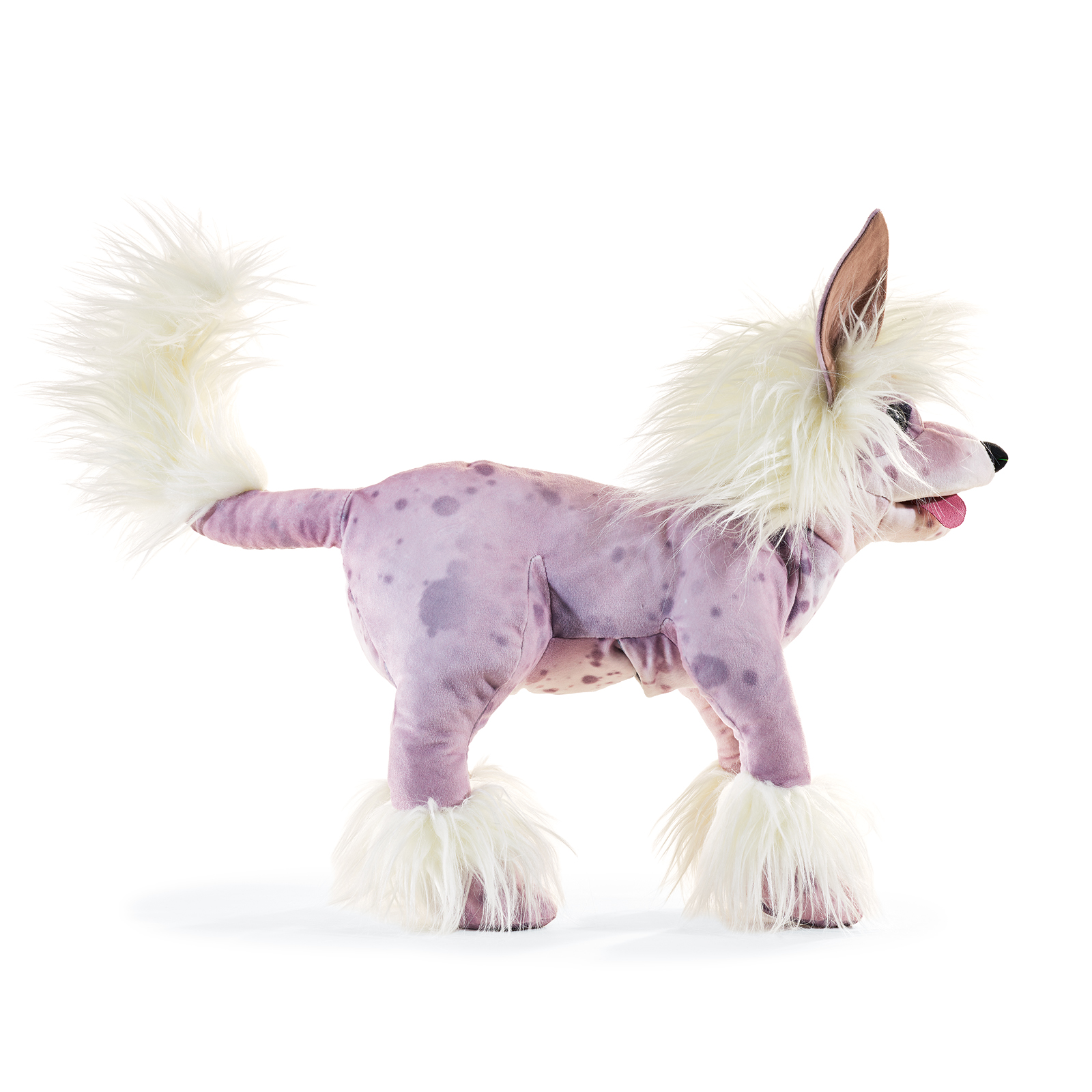 Folkmanis Chinese Crested Dog hand puppet in pink-purple with white fur on head, paws and tail, side view