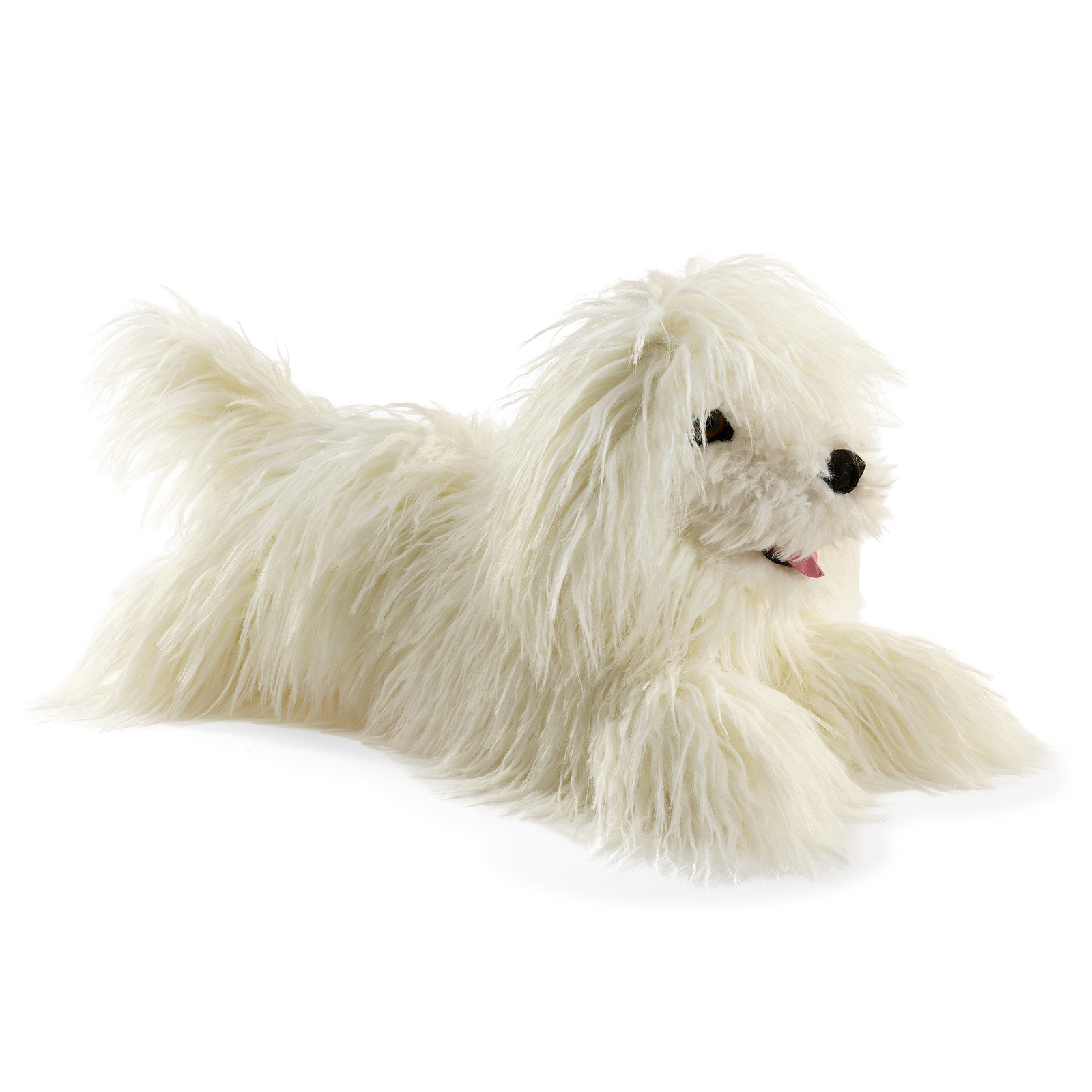 Folkmanis Komondor hand puppet, lying in a front view with long shaggy white fur and its mouth open.
