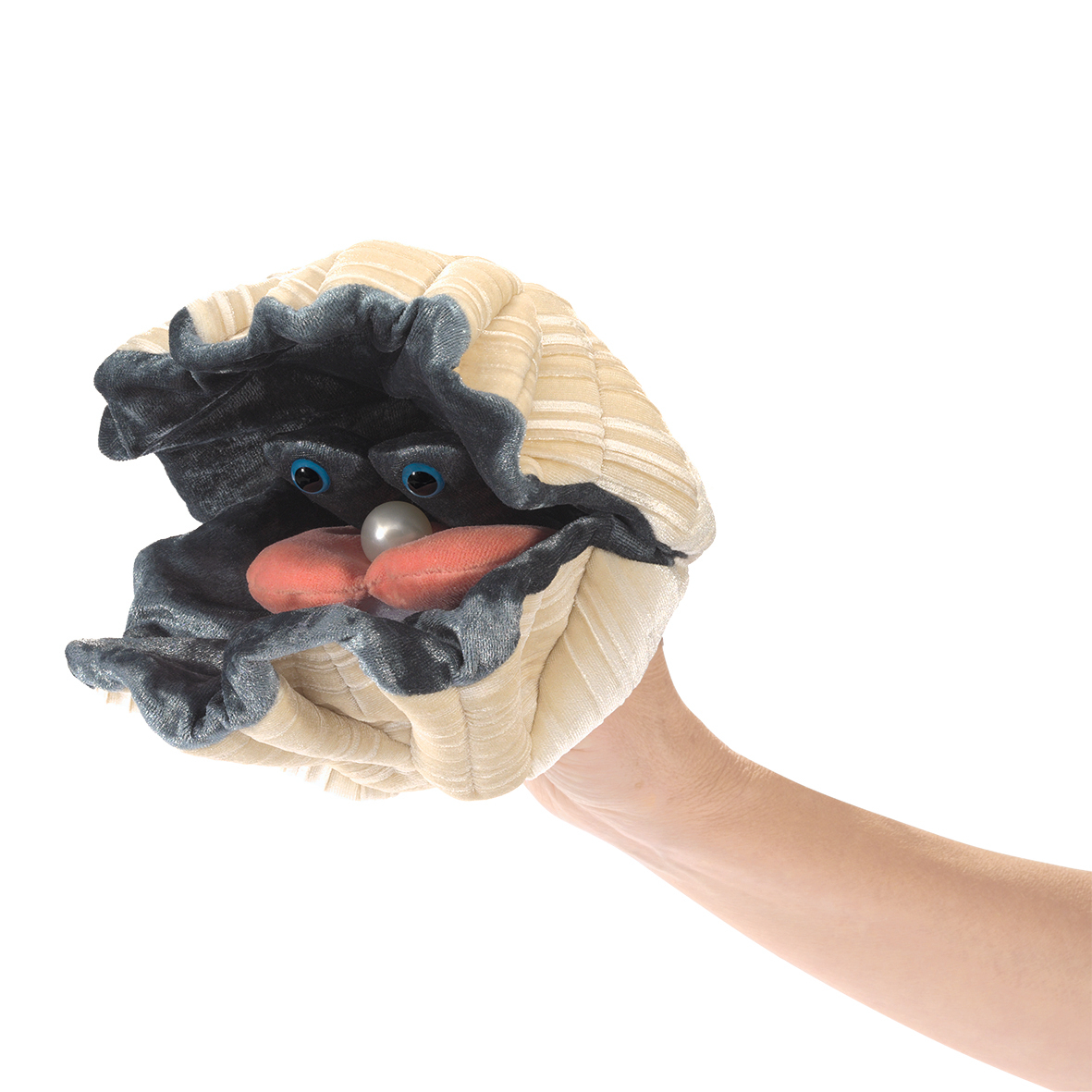 Folkmanis giant clam hand puppet with a beige shell, grey mantle, blue eyes and a silver pearl, worn on a hand