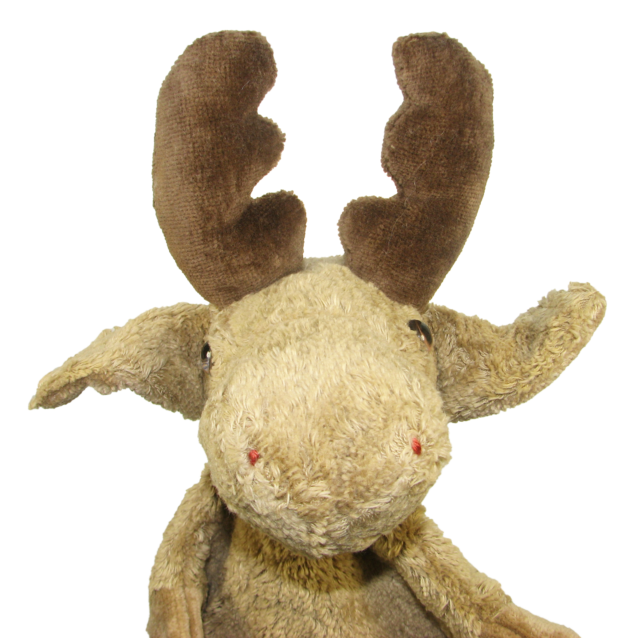 Kallisto hand puppet moose, close-up of the face with brown antlers and red nostrils