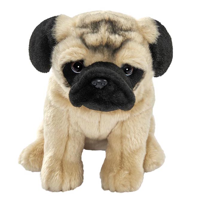 Pug plush toy by Anima with beige fur, black muzzle mask and dark ears, sitting
