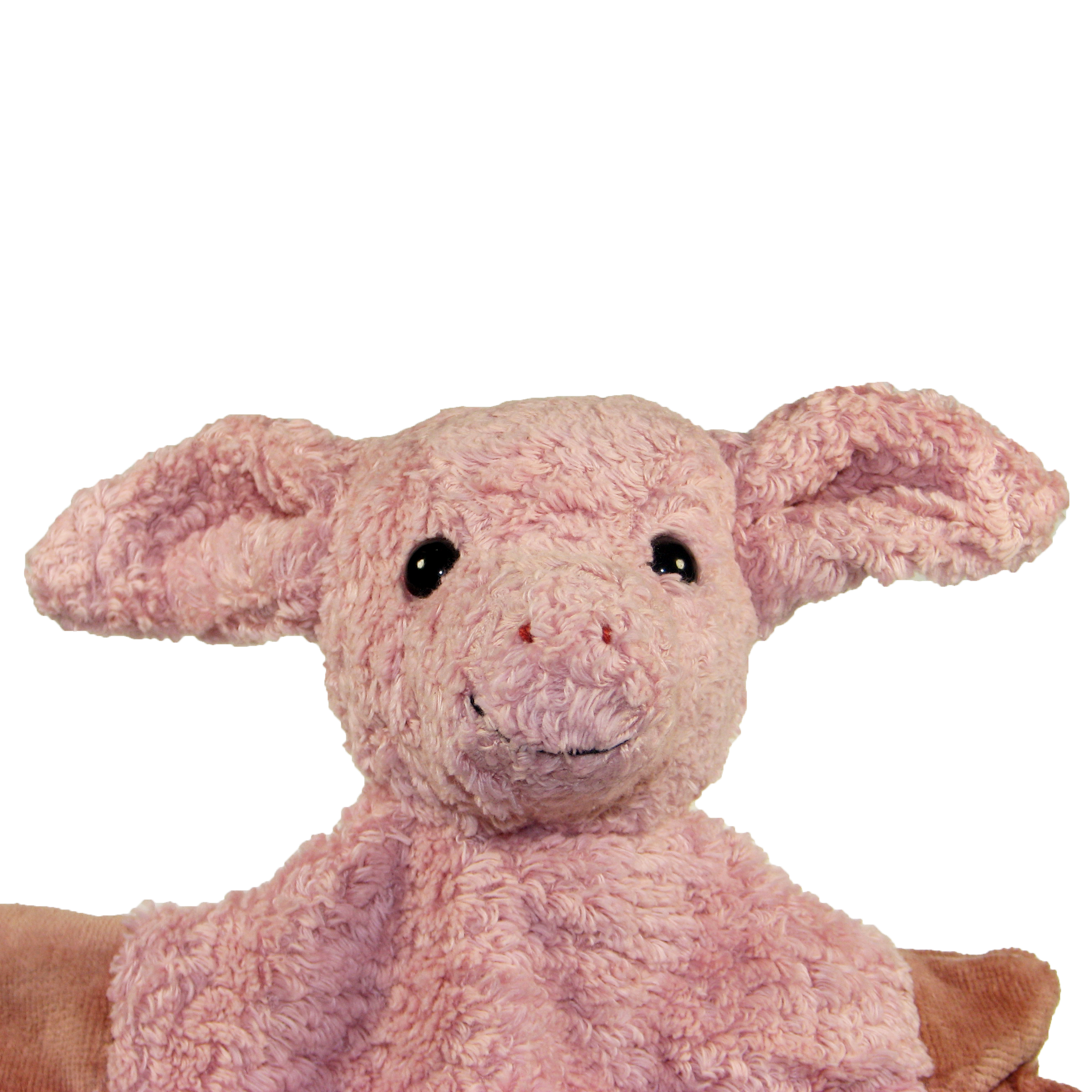 Kallisto hand puppet pig, portrait with pink fur, side-set floppy ears and dark button eyes