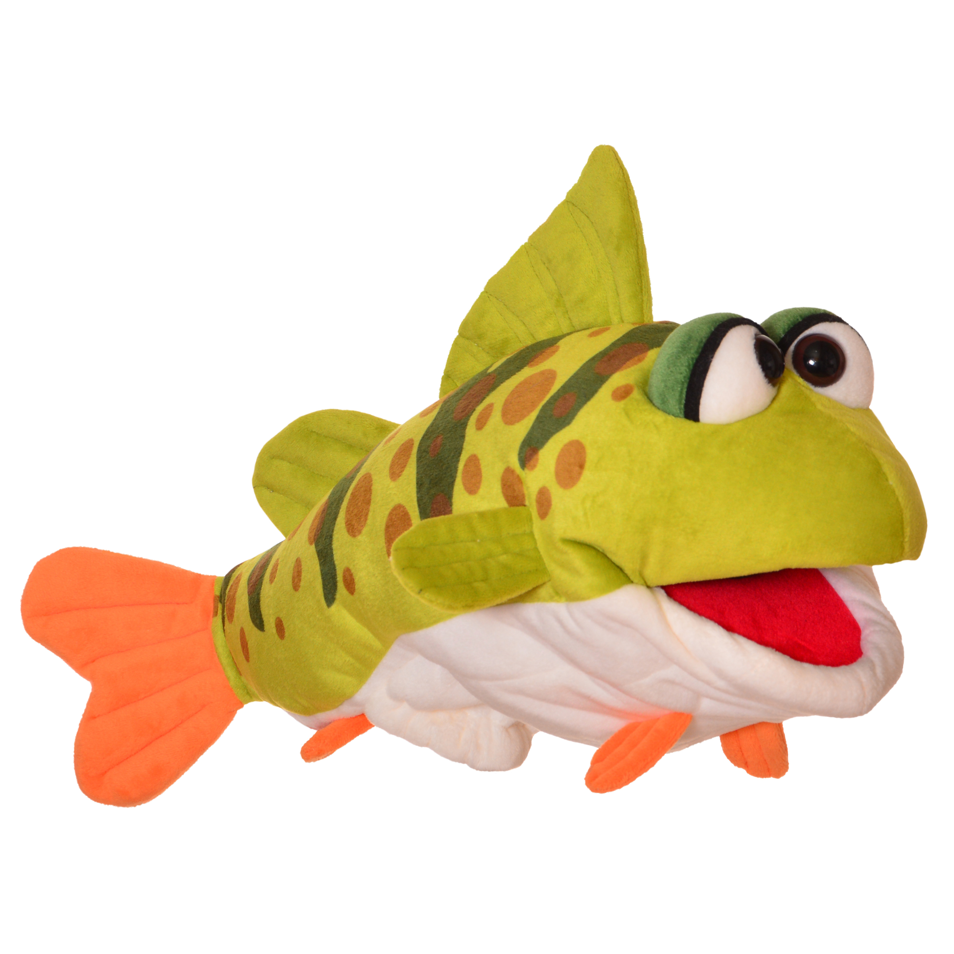 Handpuppe Snäppa der Barsch von Living Puppets, grüner Fisch mit orangefarbenen Tupfen und Flossen, weißem Bauch, großen Kulleraugen und weit geöffnetem Maul in Seitenansicht