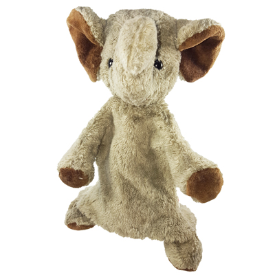 Kallisto hand puppet elephant grey, front-facing view with outstretched arms and brown ears