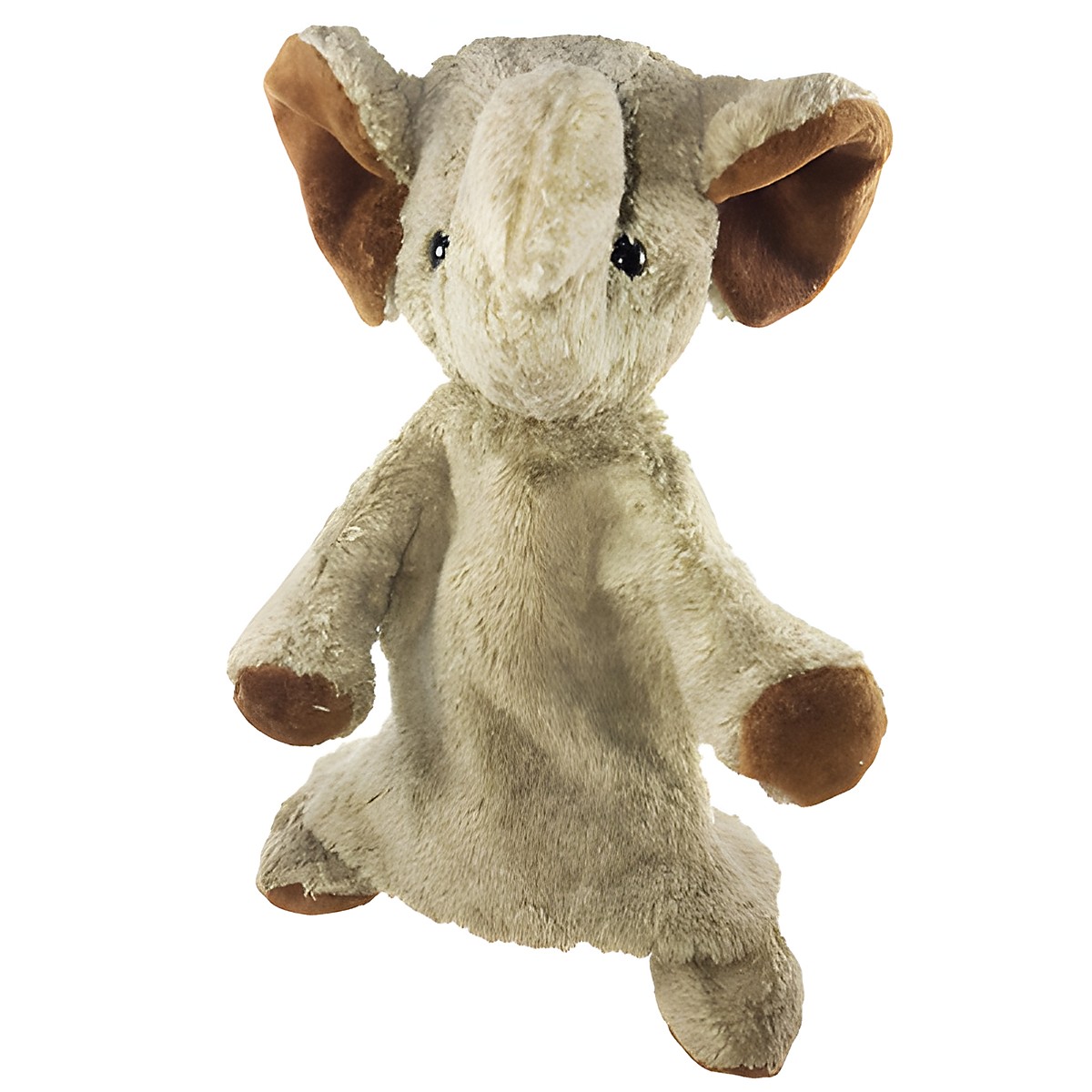 Kallisto Handpuppe Elefant grau, Frontalansicht mit ausgestreckten Armen und braunen Ohren