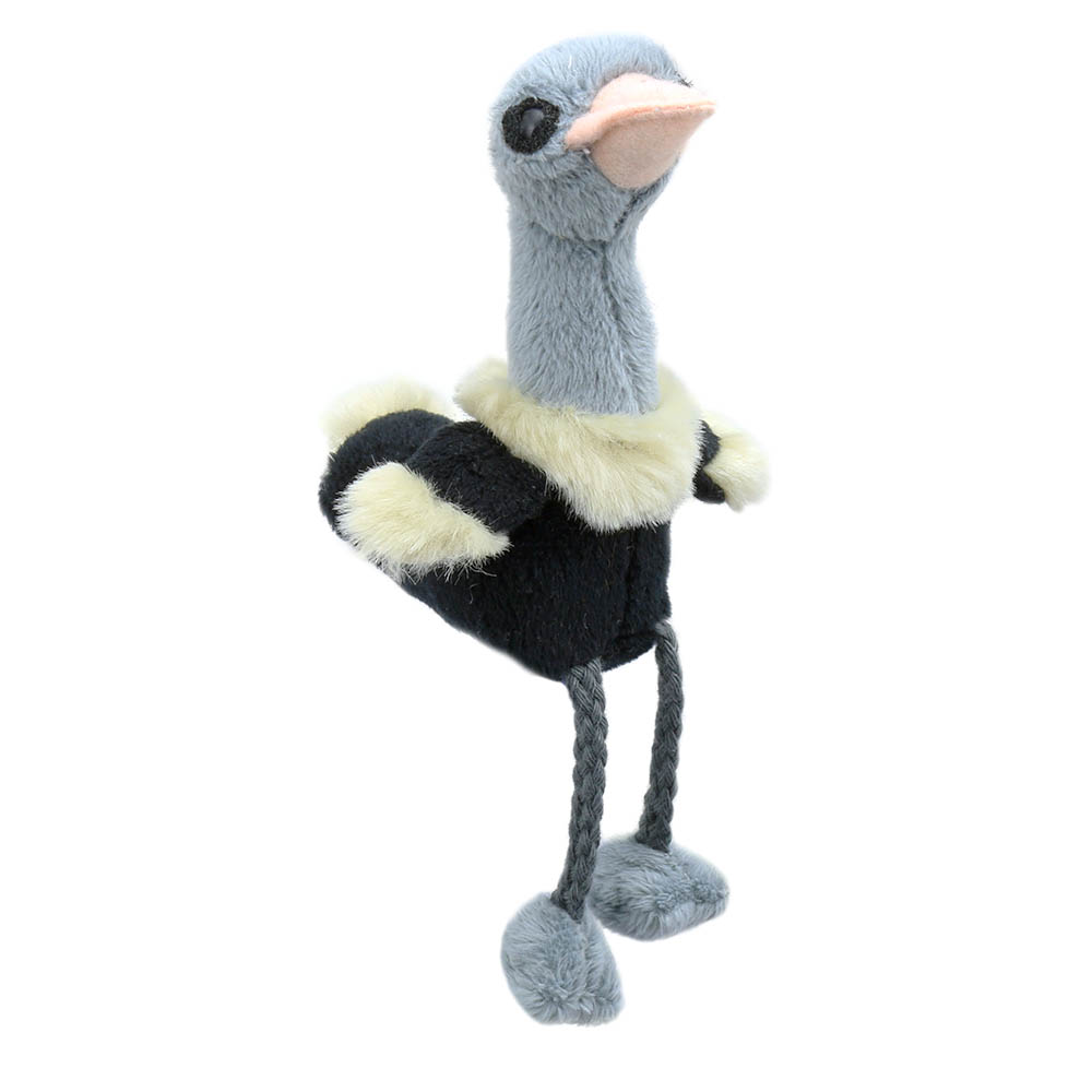 The Puppet Company Fingerpuppe Strauß, grau-schwarze Puppe mit langem Hals und langen Stoffbeinen