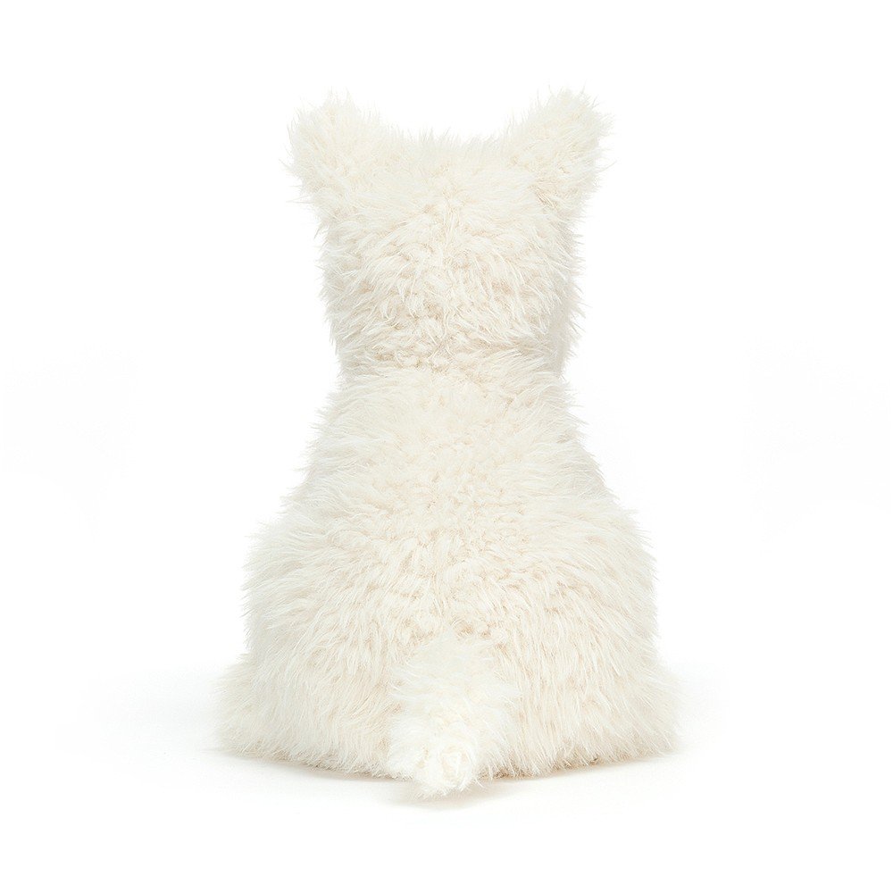 Jellycat plush toy Scottish Terrier Munro Scottie Dog, back view with shaggy cream-coloured fur