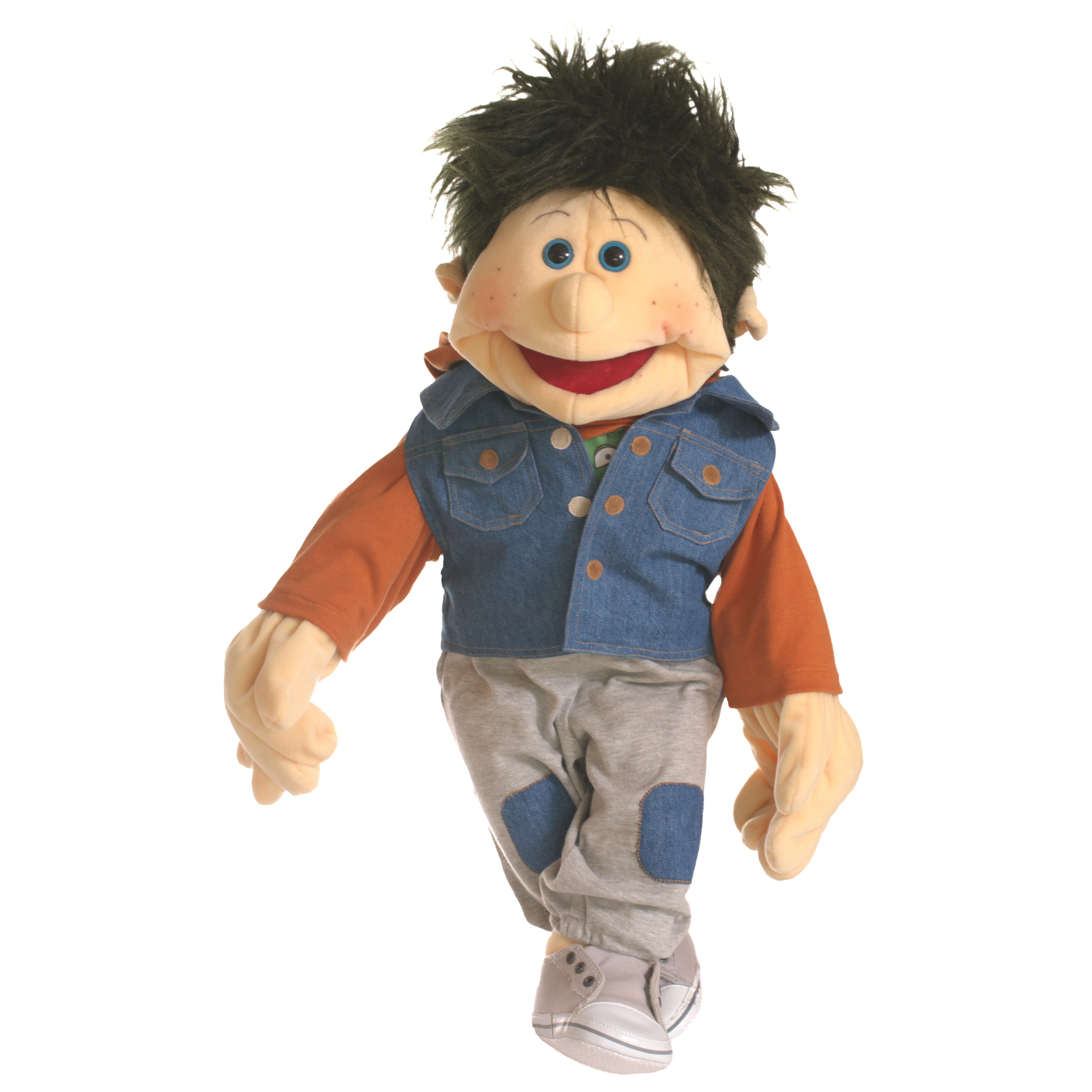 Living Puppets hand puppet Hinnerk with black tousled hair, denim vest and orange sleeves
