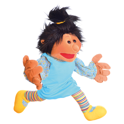 Living Puppets hand puppet Amy with tied-up black hair, light blue dress and striped stockings