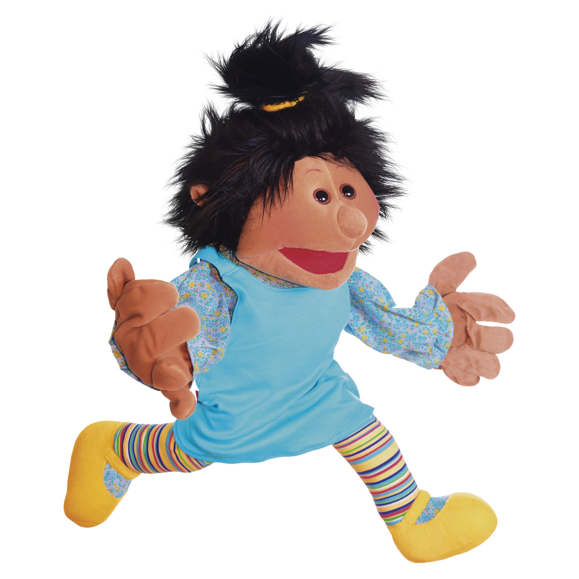 Living Puppets Handpuppe Amy mit hochgebundenem schwarzem Haar, hellblauem Kleid und Ringelstrümpfen
