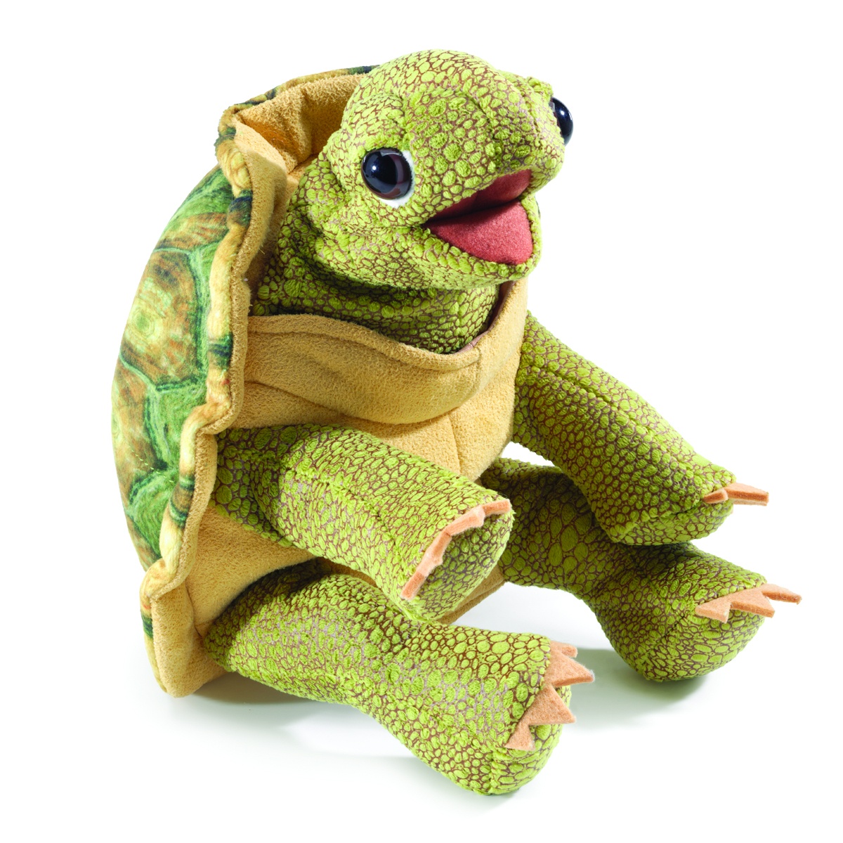 Folkmanis Handpuppe stehende Landschildkröte mit geöffnetem Maul, grün gemustertem Plüschkörper und aufklappbarem Panzer, Schrägansicht
