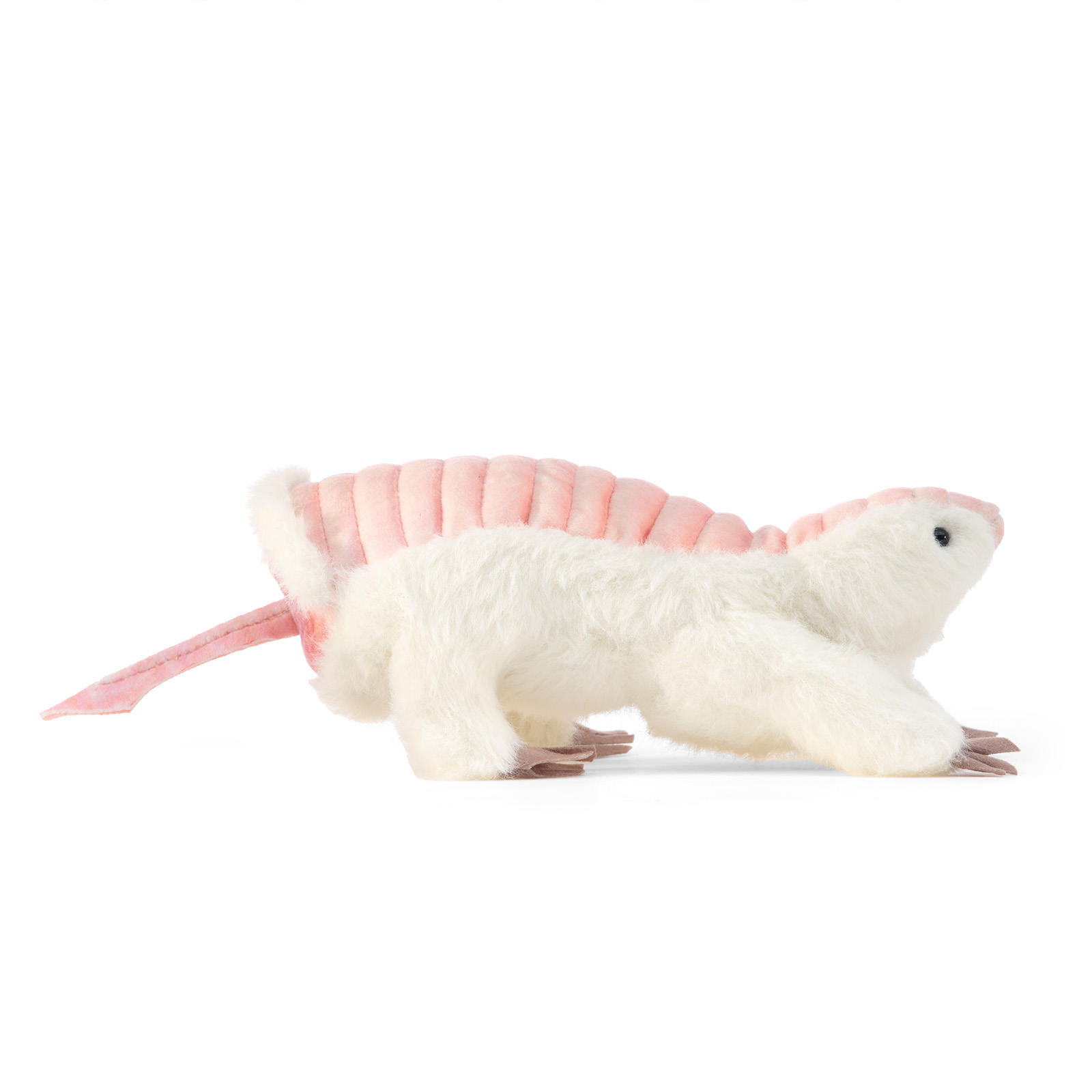 Folkmanis hand puppet pink fairy armadillo in side view, white plush fur with pink back shell and tail