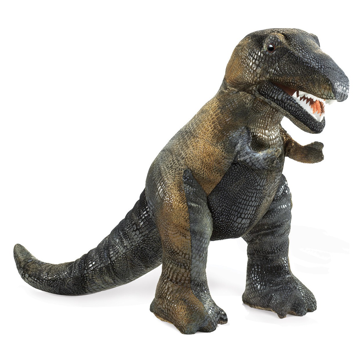 Folkmanis Handpuppe kleiner Tyrannosaurus Rex in Schrägansicht, olivgrün-schwarzes Schuppenmuster, geöffnetes Maul mit weißen Zähnen