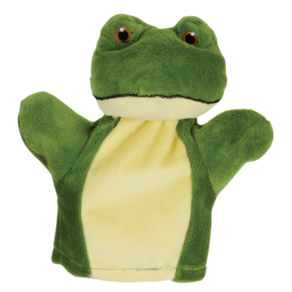 The Puppet Company baby hand puppet frog, green puppet with a yellow belly