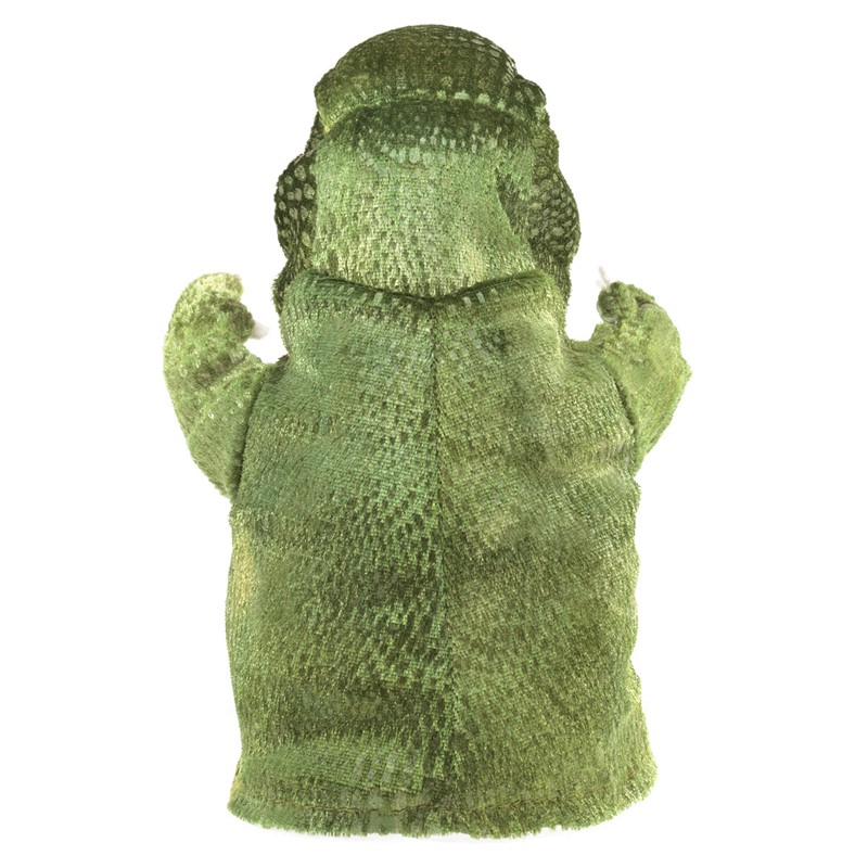 Folkmanis hand puppet small T-Rex in a green scale pattern, rear view with raised arms