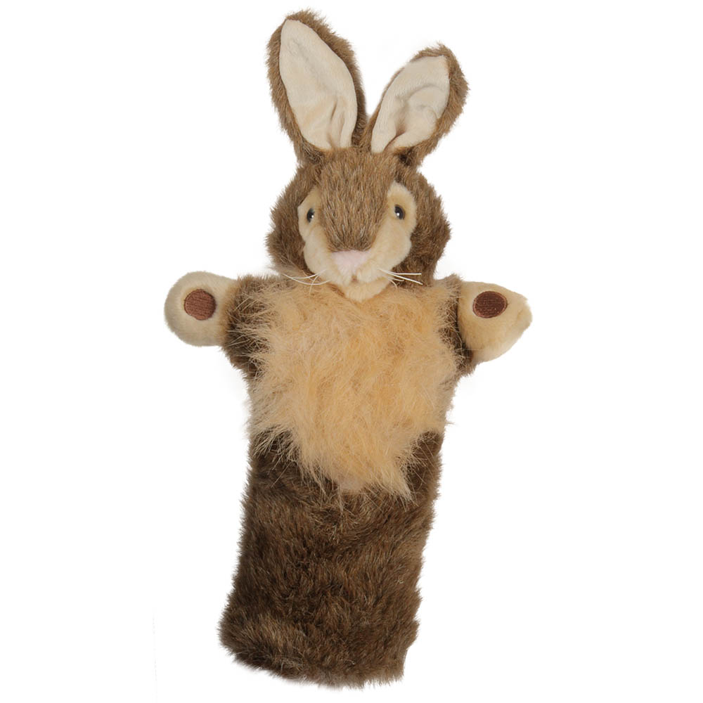 The Puppet Company baby hand puppet hare, brown hare puppet with long upright ears and a pale belly