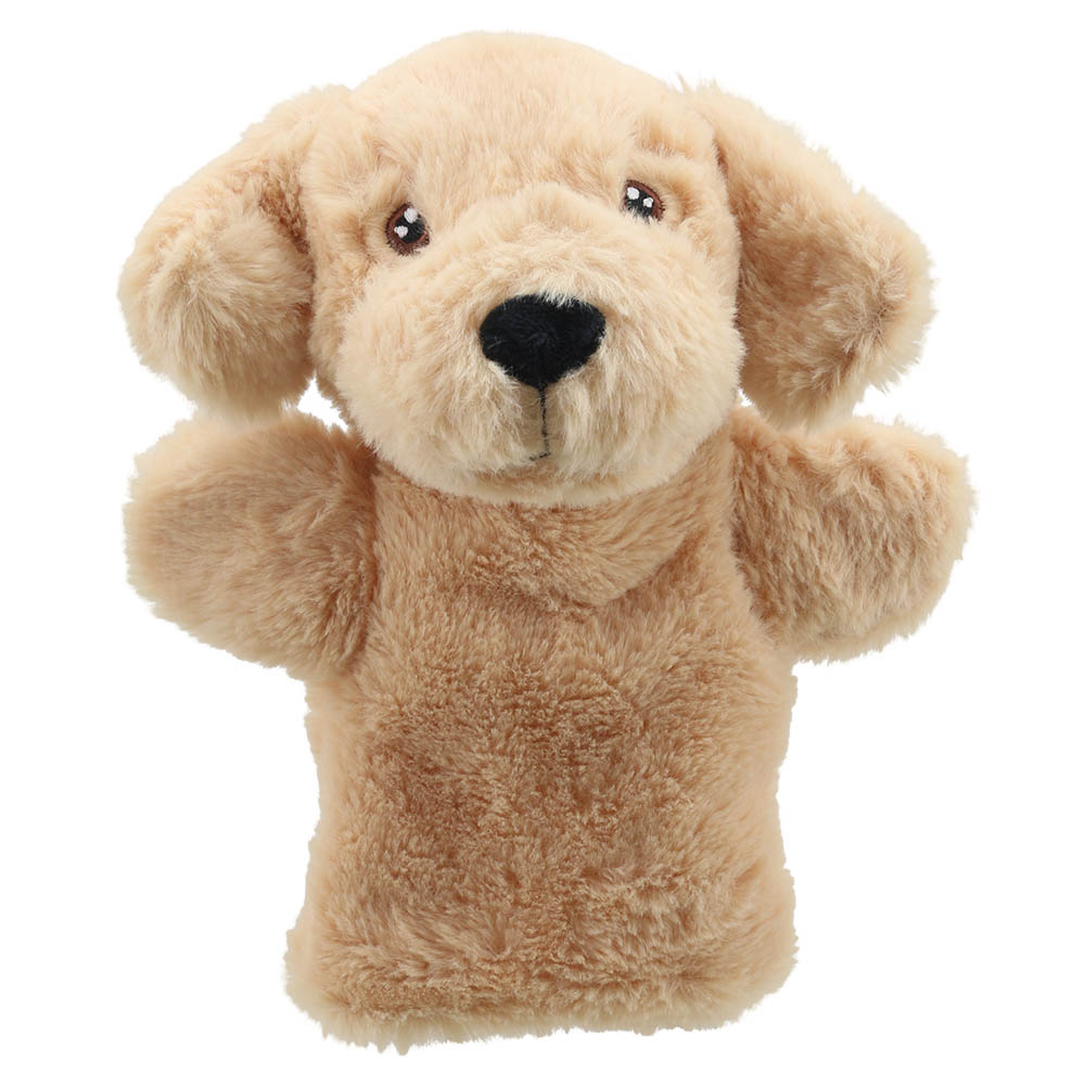 The Puppet Company Baby-Handpuppe Labrador Retriever, beige Hunde-Handpuppe mit Schlappohren und schwarzer Nase, Frontansicht