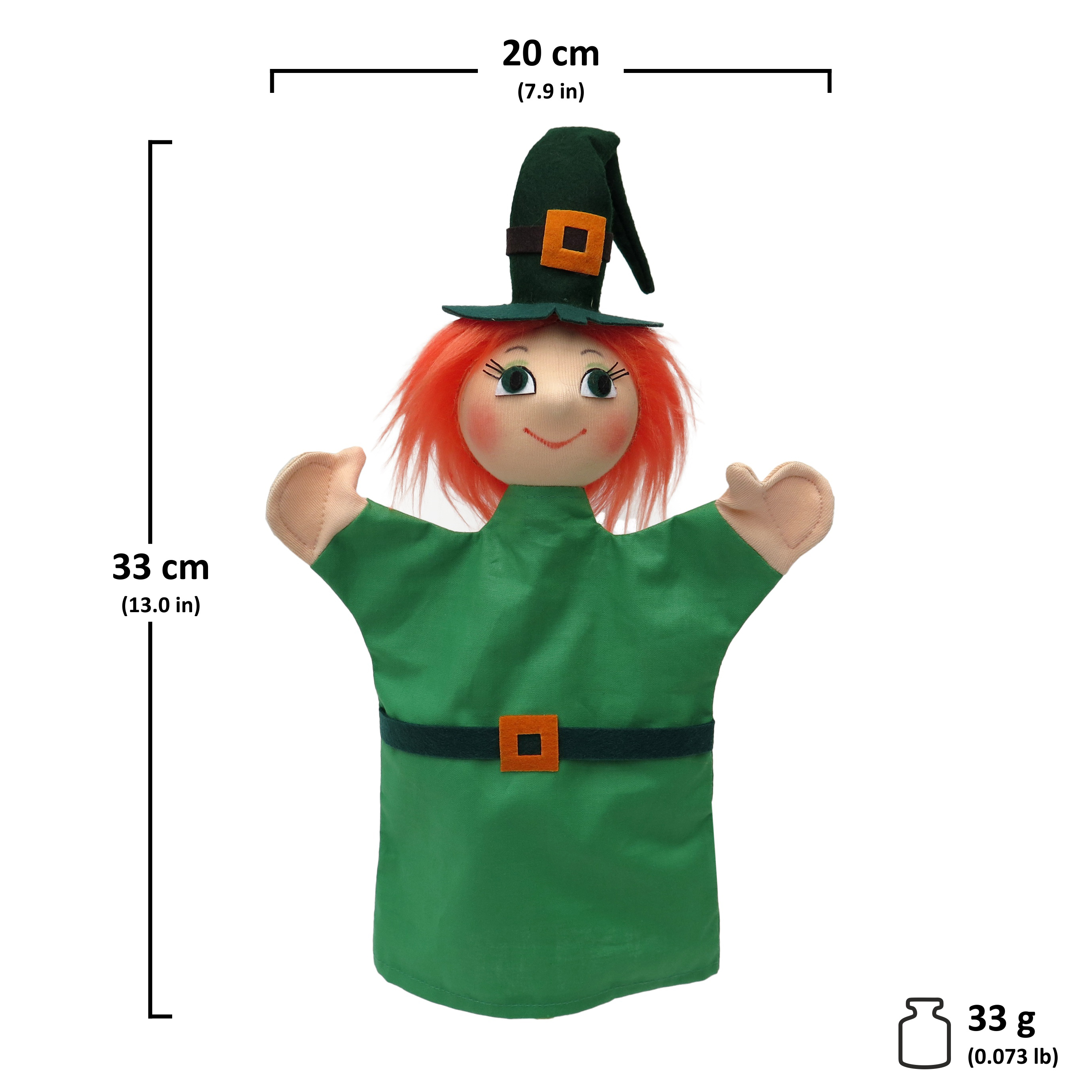 Punch and Judy puppet witch in green by munabo with red hair and pointed hat, image with size chart