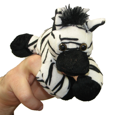 The Puppet Company Fingerpuppe Zebra, schwarz-weißes Zebra auf einer Hand, Seitenansicht