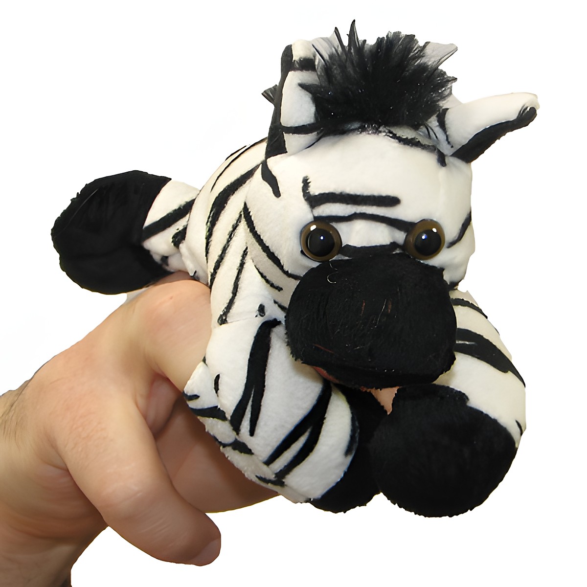The Puppet Company finger puppet zebra, black and white zebra on a hand, side view