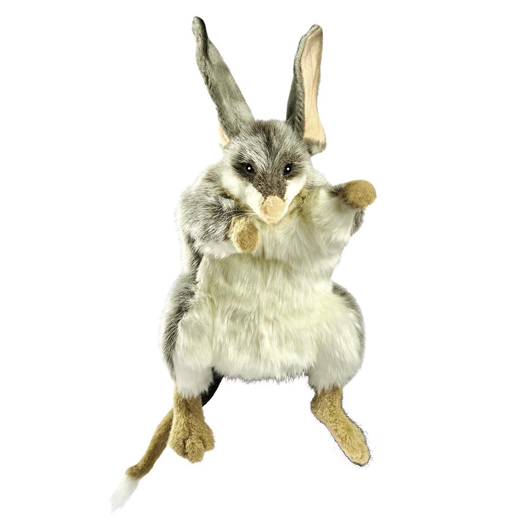 Bilby Handpuppe von Hansa Creation mit grau-weißem Fell, langen Ohren und beigen Pfoten