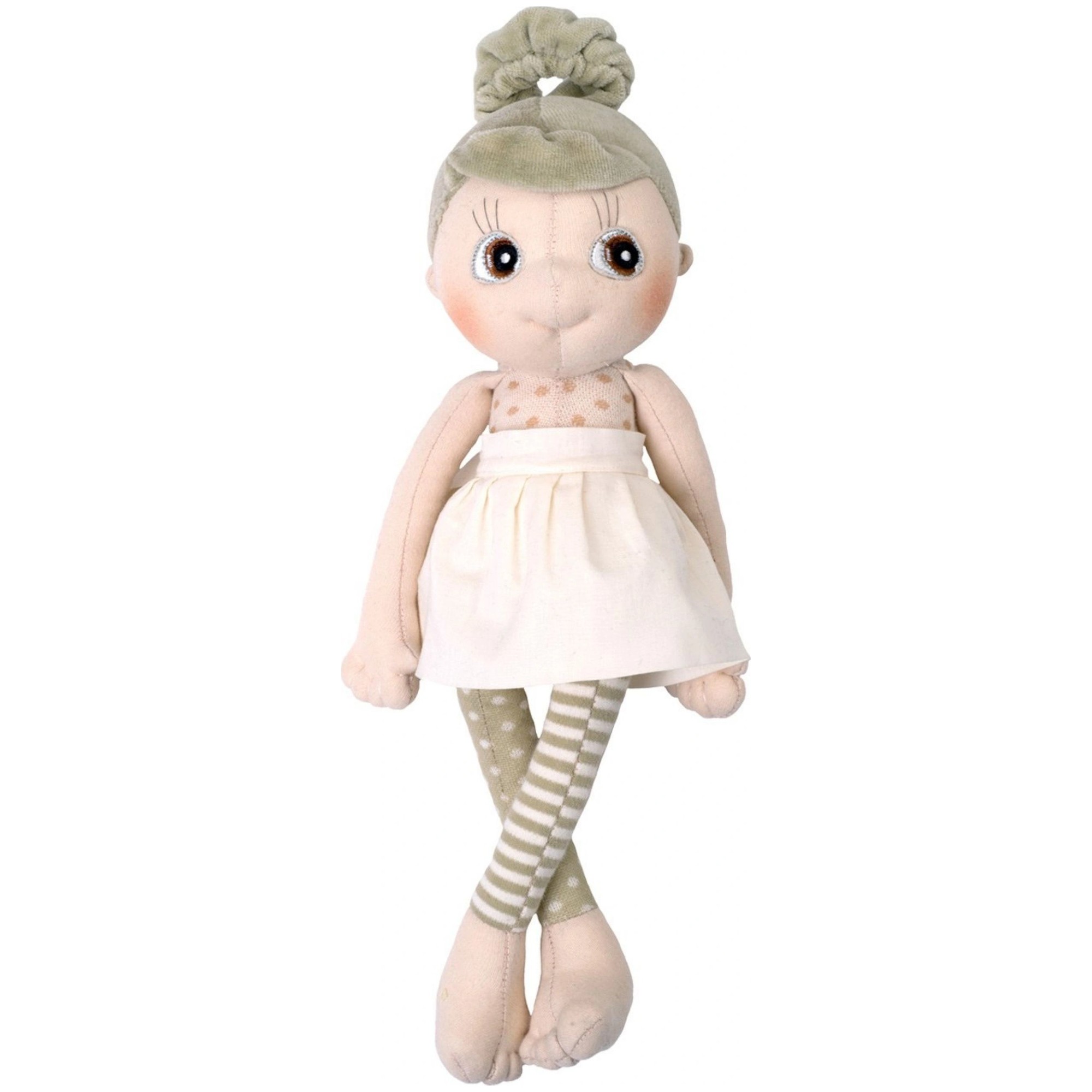 Rubens EcoBuds doll Iris with green hair bun, dotted top and white skirt