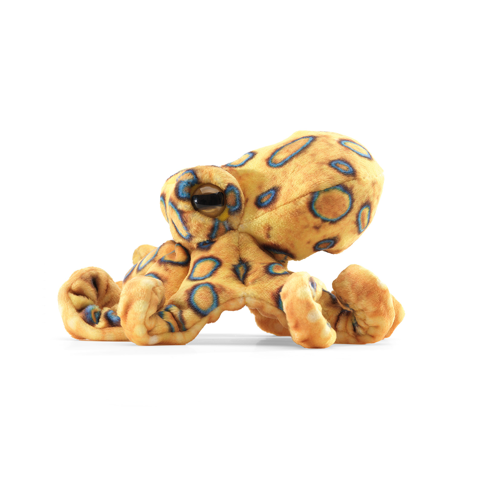 Folkmanis mini blue-ringed octopus finger puppet in golden yellow with blue rings, large glass eye, shown from a side angle