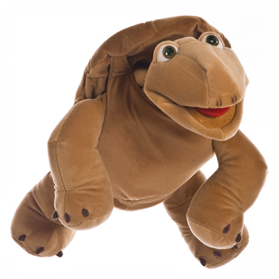 Living Puppets hand puppet Sammy the turtle with a light brown shell, green eyes and an open mouth in a crawling pose