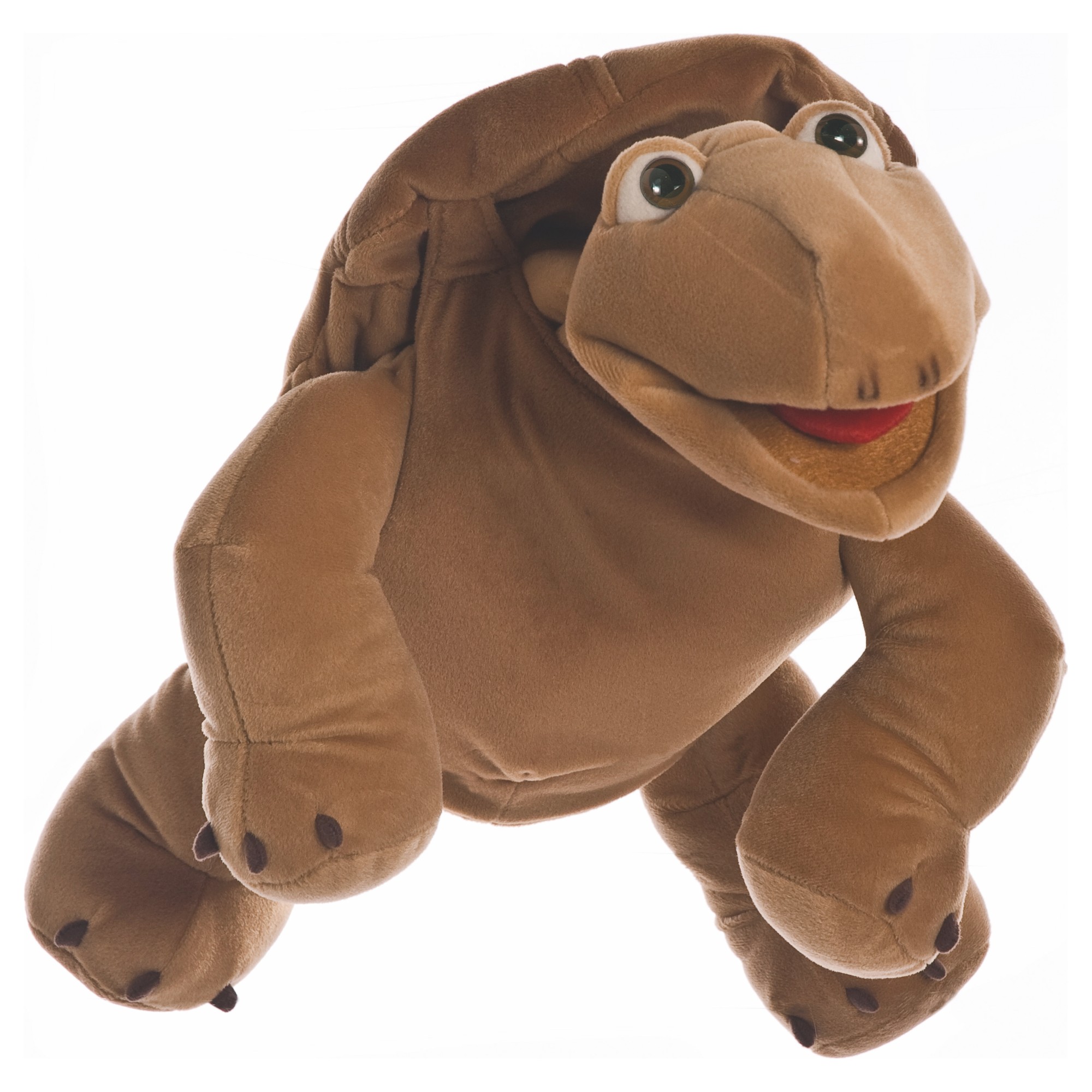 Living Puppets Handpuppe Sammy die Schildkröte mit hellbraunem Panzer, grünen Augen und geöffnetem Mund in Krabbelpose