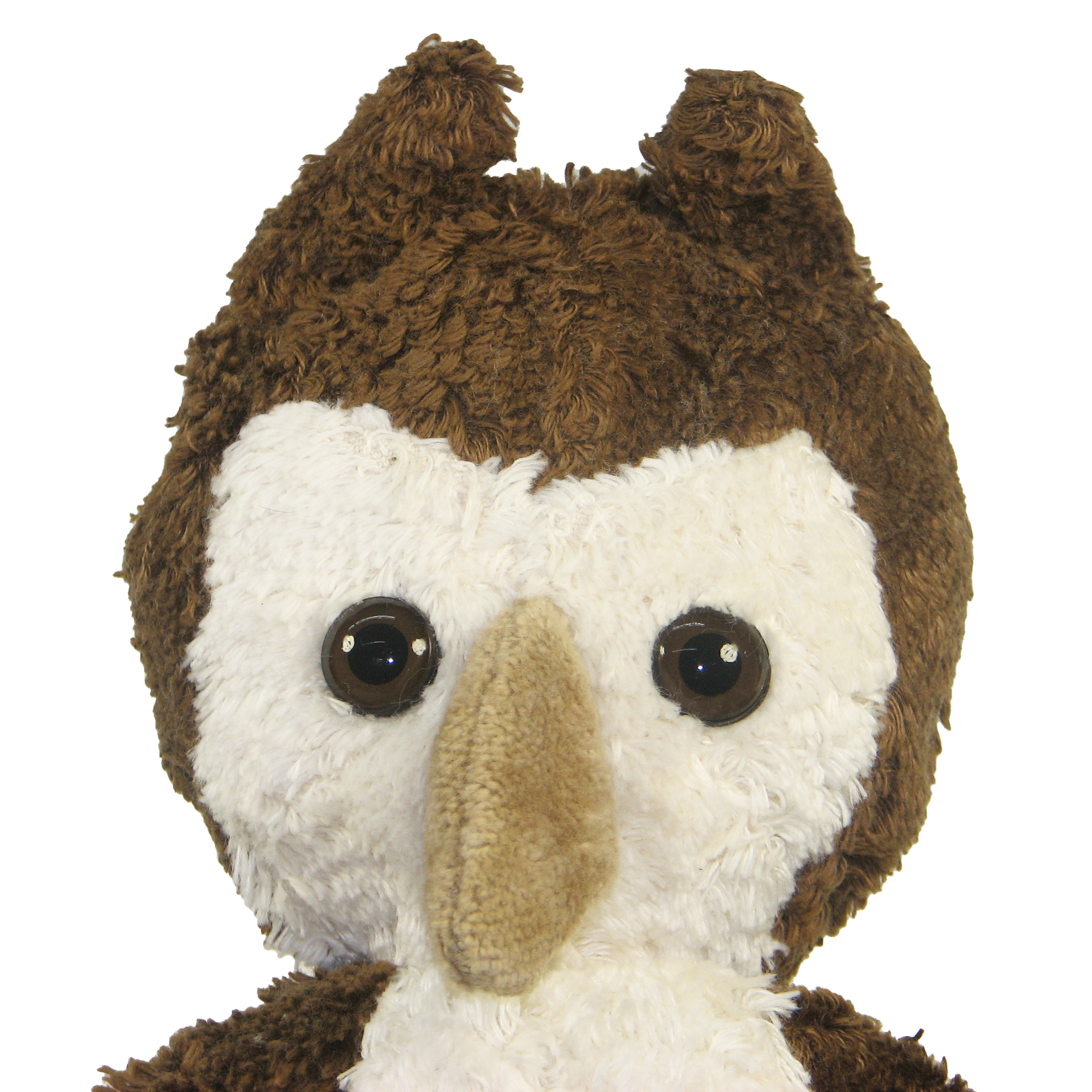 Kallisto hand puppet owl brown, close-up of the face with a white facial disc and brown fur