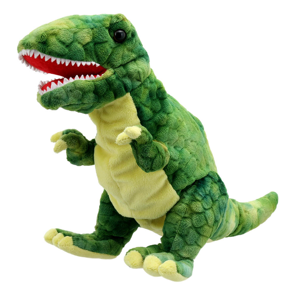 The Puppet Company Baby Tyrannosaurus Rex Dinosaurier-Handpuppe, grüne Handpuppe mit geöffnetem Maul und weißen Zähnen