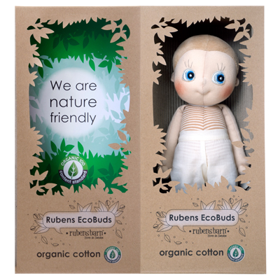 Packaging of the Rubens EcoBuds doll Aspen made of organic cotton in natural cardboard
