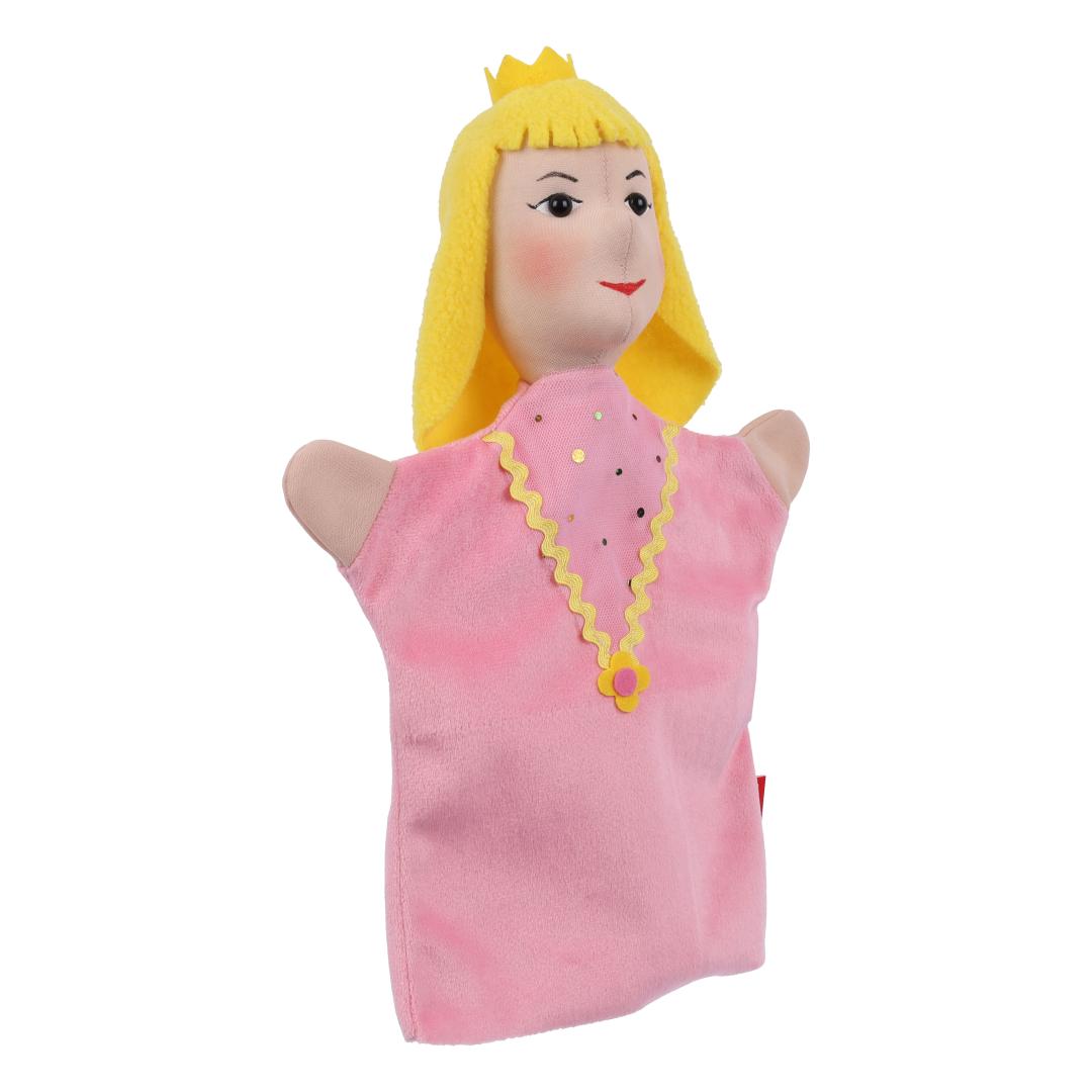 Kasperlepuppe Prinzessin von munabo, seitlich gedreht mit rosigen Wangen und funkelndem Kleid.